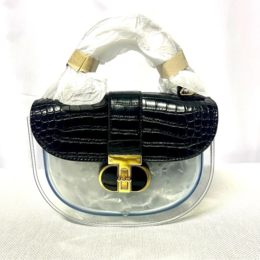 Clear Crossbody with Black Croc-embossed  Accents and Gold Turn Lock - New - Picture 3 of 10